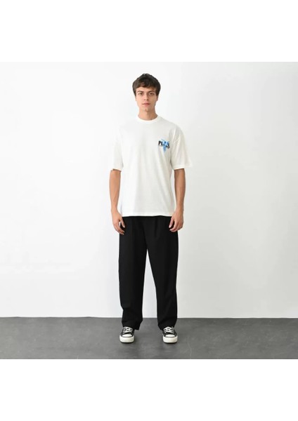 Unisex Bisiklet Yaka Baskılı Oversize T-Shirt - Beyaz fırsatları