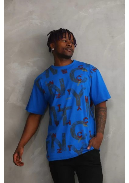Unisex Baskılı Oversize T-Shirt - Mavi modelleri