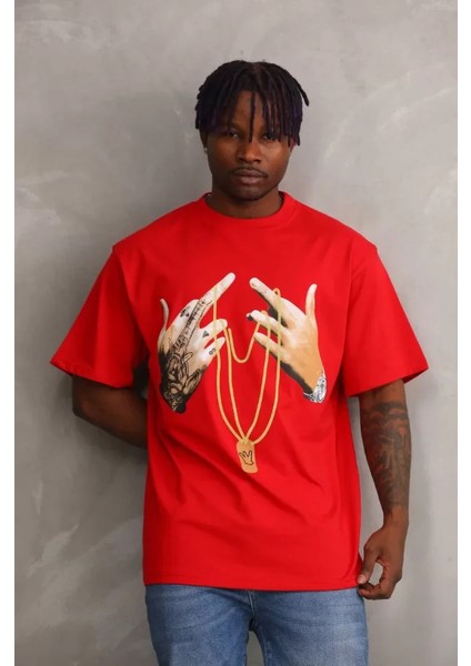 Unisex Baskılı Oversize T-Shirt - Kırmızı