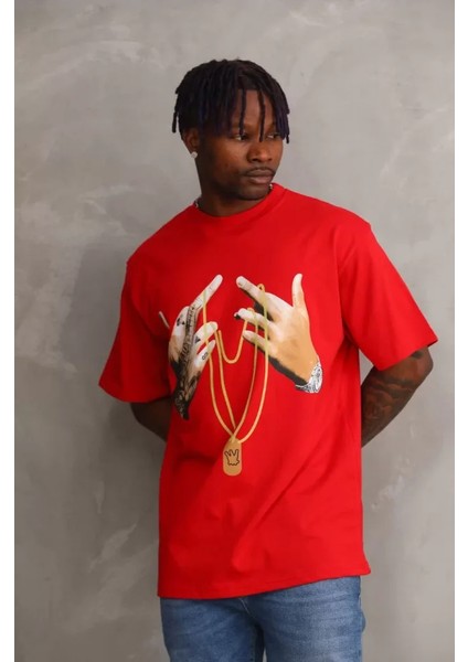 Unisex Baskılı Oversize T-Shirt - Kırmızı modelleri