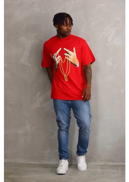 Unisex Baskılı Oversize T-Shirt - Kırmızı fırsatları