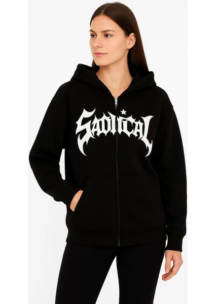 Oversize Kapüşonlu Sweatshirt Hoodie 3 Iplik Şardonlu Pamuklu Kumaş, Önü Baskılı, Fermuarl fırsatları