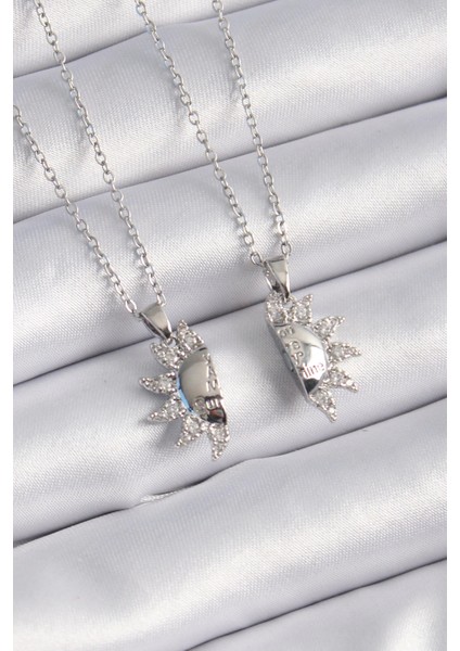 316L Çelik Gümüş Renk Zirkon Taşlı Güneş Model Işleme Yazı Detay Arkadaşlık Kolyesi