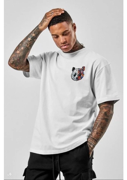 Unisex Baskılı Oversize T-Shirt - Beyaz
