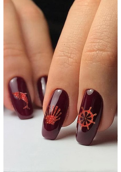 Kırmızı Deniz Temalı Metalik Tırnak Sticker, Nail Sticker, Nail Art
