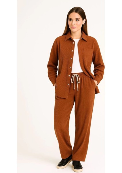 Kadife Oversize Takım – Gömlek ve Pantolon Ikili Set Füme Corduroy Şıklığı, Rahat ve Zari modelleri
