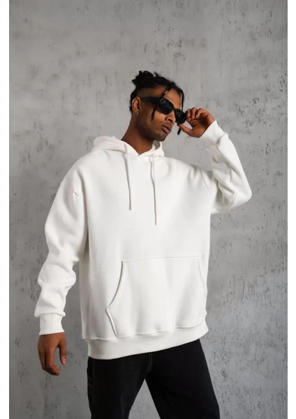 Erkek Düz Kapüşonlu Sweat - Beyaz