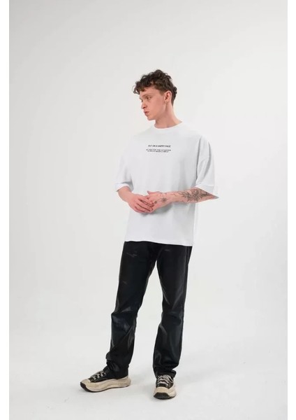 Unisex Bisiklet Yaka Baskılı Oversize T-Shirt - Beyaz