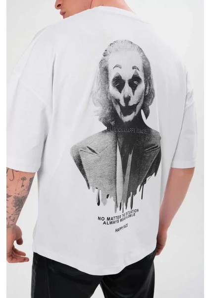 Unisex Bisiklet Yaka Baskılı Oversize T-Shirt - Beyaz fiyatları