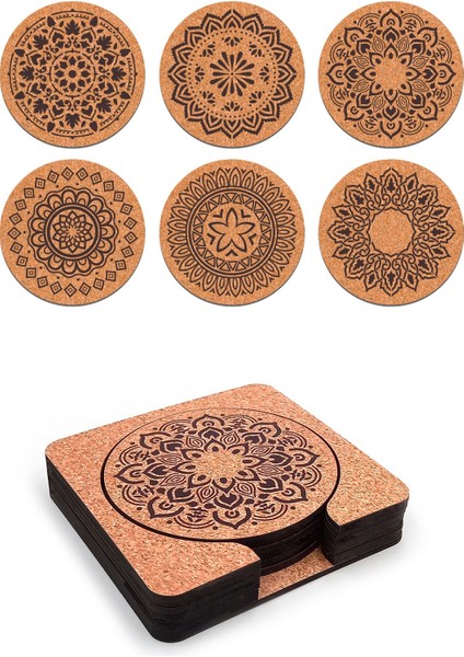 Ahşap Dekoratif Bardak Altlığı 6'lı Takım Baskılı -1