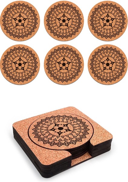Ahşap Dekoratif Bardak Altlığı 6'lı Takım Baskılı -10