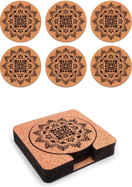 Ahşap Dekoratif Bardak Altlığı 6'lı Takım Baskılı -11
