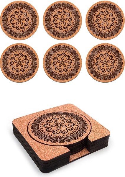 Ahşap Dekoratif Bardak Altlığı 6'lı Takım Baskılı -12