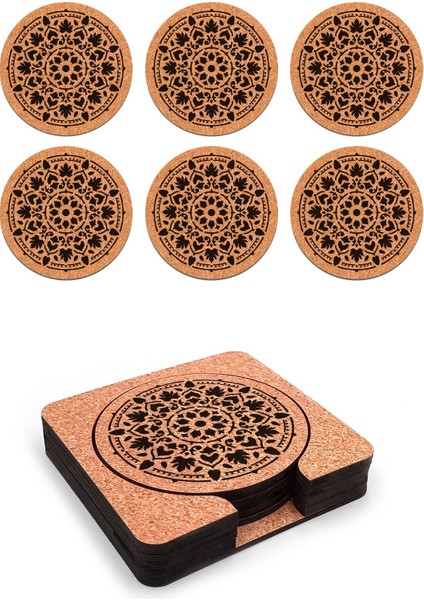 Ahşap Dekoratif Bardak Altlığı 6'lı Takım Baskılı -6