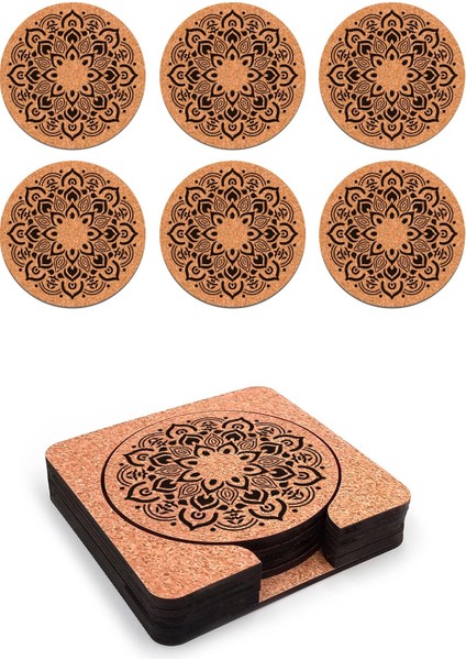 Ahşap Dekoratif Bardak Altlığı 6'lı Takım Baskılı -5