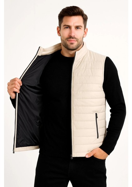 Erkek Şişme Fermuarlı Yelek Su Itici Kapitone Astarlı Kumaş Cepli Hafif Kışlık Spor Rahat Ka