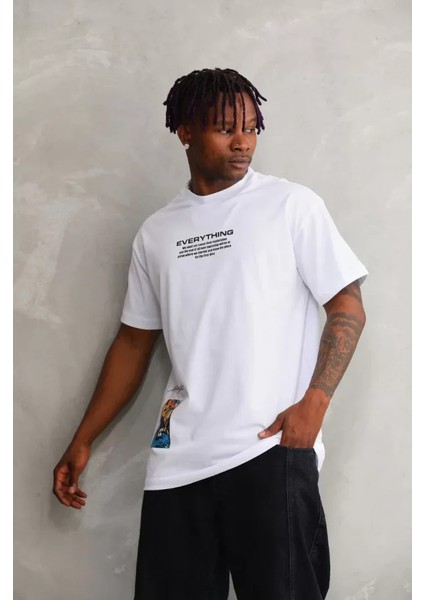 Unisex Bisiklet Yaka Baskılı Oversize T-Shirt - Beyaz fiyatları