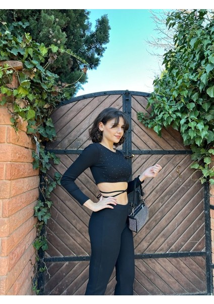 Kadın Paçası Yırtmaç Detaylı Taşlı Bel Bağlamalı Kaşkorse Ikili Takım indirimleri