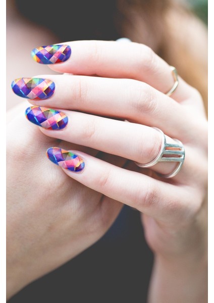 Renkli Kare Desenler Tırnak Dövmesi, Tırnak Tattoo, Nail Art, Tırnak Sticker