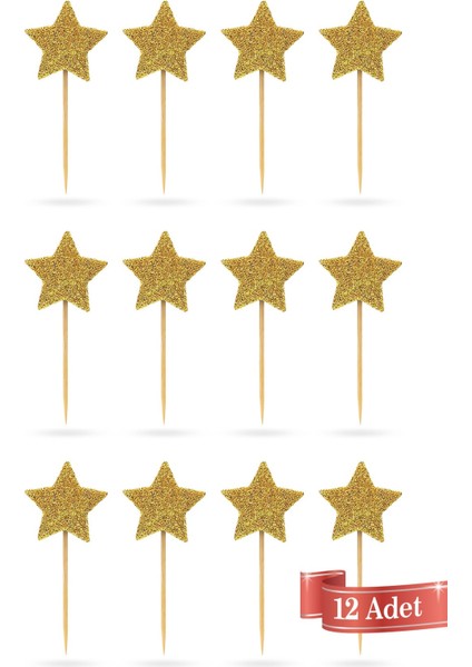 Gold-Kırmızı Çift Taraflı Yıldız Simli Eva Kürdan Cupcake Toppers Cupcake Çubuğu 12'li