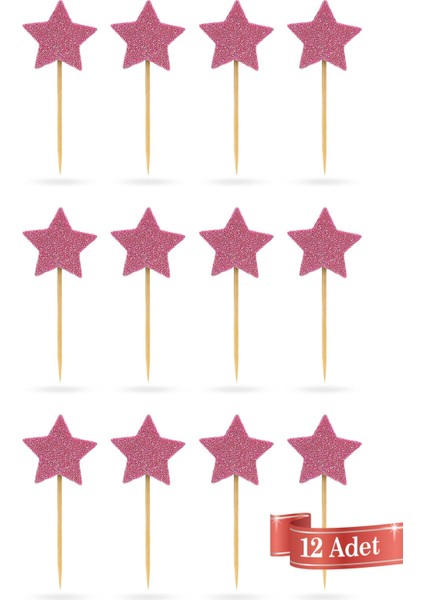Pudra-Mor Çift Taraflı Yıldız Simli Eva Kürdan Cupcake Toppers Cupcake Çubuğu 12'li