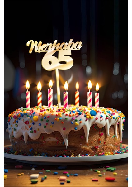 Gold Merhaba 65 Yaş Yazılı Ayna Pleksi Pasta Üstü & Doğum Günü Partisi & Pleksi Pasta Süsü modelleri