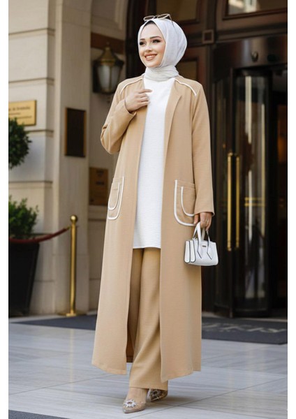 Cep Detaylı Bisküvi Tesettür Kimono Üçlü Takım 80101BS indirimleri