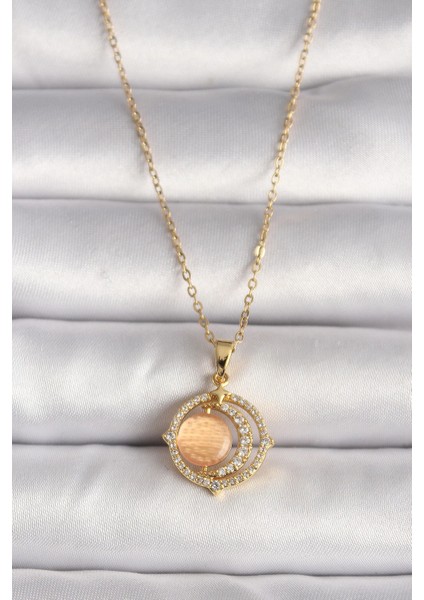 316L Çelik Gold Renk Zirkon Taşlı Turuncu Sedefli Hilal Model Kadın Kolye