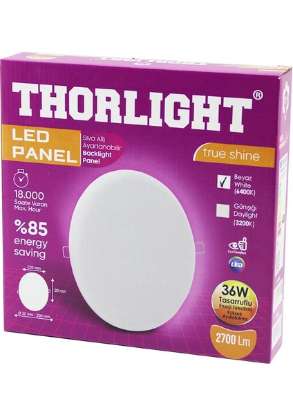 Thorlıght S-236 36W 22CM Beyaz LED Panel Sıva Altı Ayarlı Mandallı 6400K - 2700LM - 18000 Saat - 283