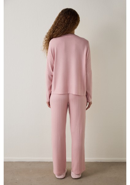 Pembe Bisiklet Yaka Uzun Kol Pijama Takımı