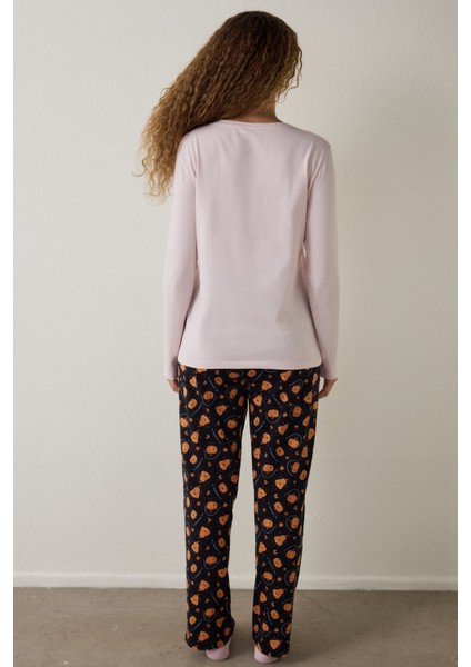 Balkabağı Desenli Bisiklet Yaka Pamuklu Uzun Kollu Pijama Takımı