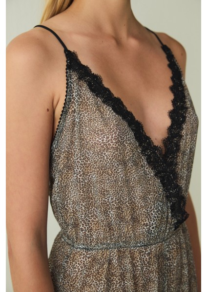 Bej Leopar Desenli Brode Detaylı Balensiz Tulum