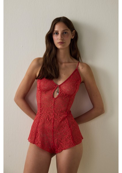 Kırmızı Full Lace Teddy Tulum