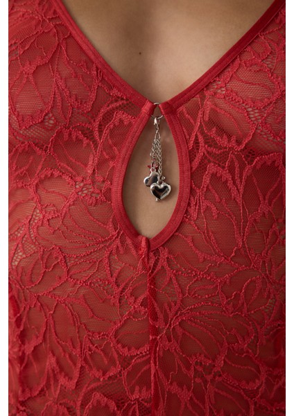 Kırmızı Full Lace Teddy Tulum