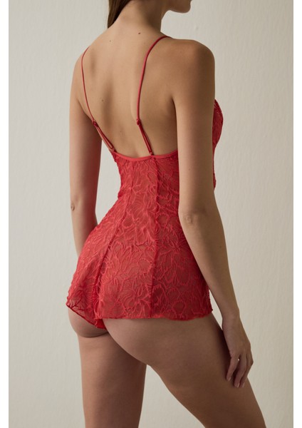 Kırmızı Full Lace Teddy Tulum