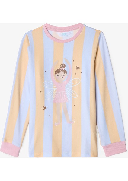 Açık Mavi Kız Çocuk Ballet Çizgili Uzun Kollu Pijama Takımı