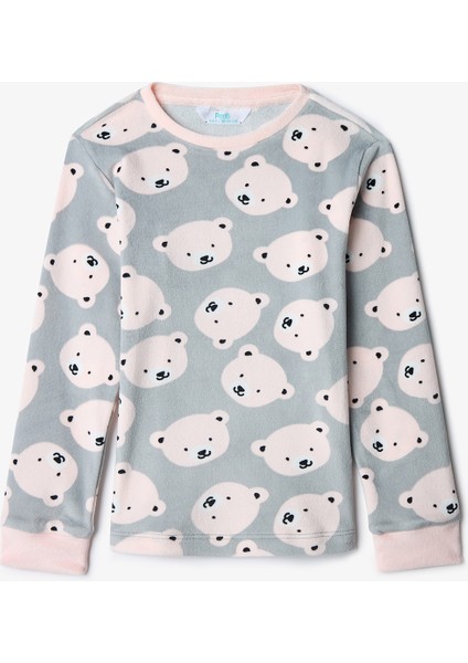 Gri Kız Çocuk Ayı Desenli Pijama Takımı