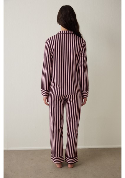 Pembe Maroon Çizgili Gömlek Yaka Pamuklu Pijama Takımı