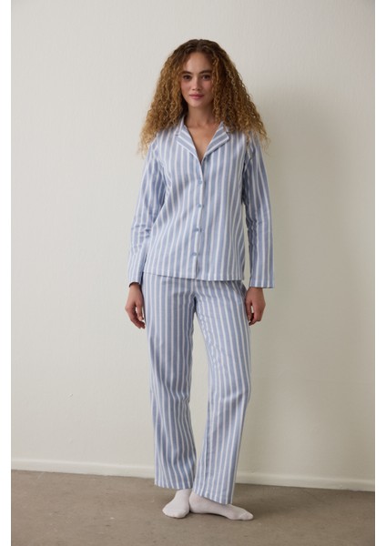 Açık Mavi Cozy Çizgili Gömlek Yaka Düğmeli Pamuklu Uzun Kollu Pijama Takımı