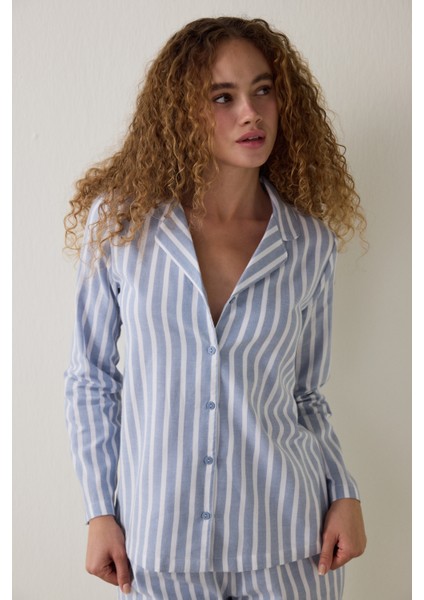 Açık Mavi Cozy Çizgili Gömlek Yaka Düğmeli Pamuklu Uzun Kollu Pijama Takımı