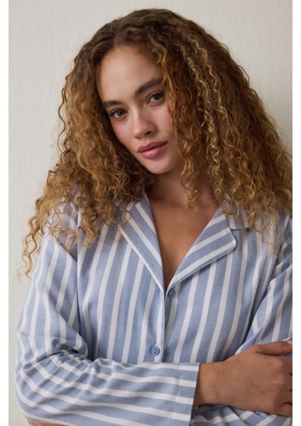 Açık Mavi Cozy Çizgili Gömlek Yaka Düğmeli Pamuklu Uzun Kollu Pijama Takımı