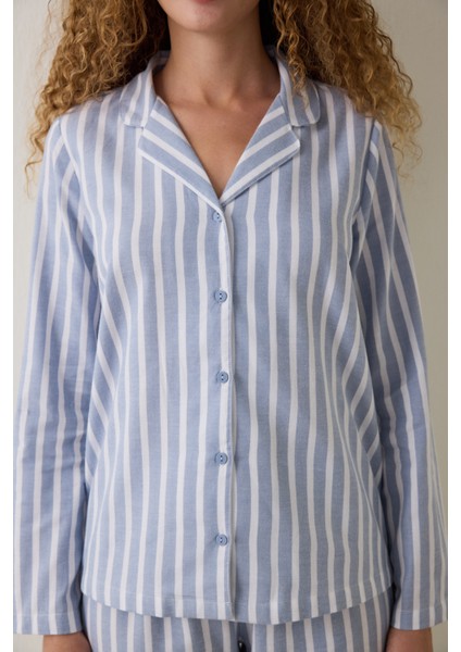 Açık Mavi Cozy Çizgili Gömlek Yaka Düğmeli Pamuklu Uzun Kollu Pijama Takımı