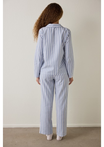 Açık Mavi Cozy Çizgili Gömlek Yaka Düğmeli Pamuklu Uzun Kollu Pijama Takımı