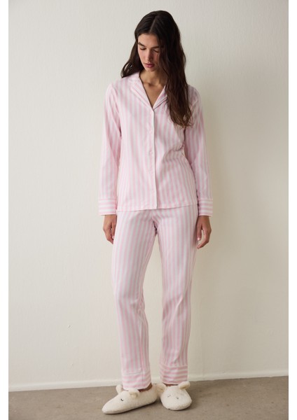 Açık Pembe Pamuklu Uzun Kollu Gömlek Pijama Takımı
