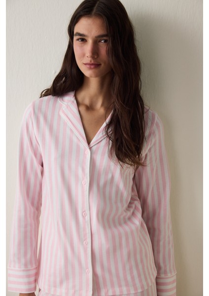 Açık Pembe Pamuklu Uzun Kollu Gömlek Pijama Takımı