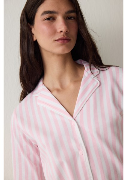 Açık Pembe Pamuklu Uzun Kollu Gömlek Pijama Takımı