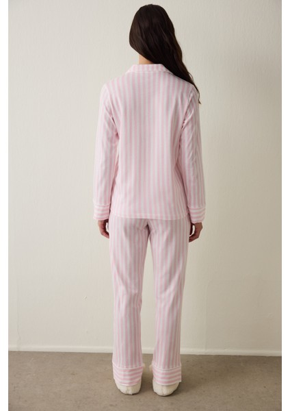 Açık Pembe Pamuklu Uzun Kollu Gömlek Pijama Takımı