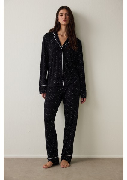 Siyah Puantiye Desenli Uzun Kollu Gömlek Pijama Takımı