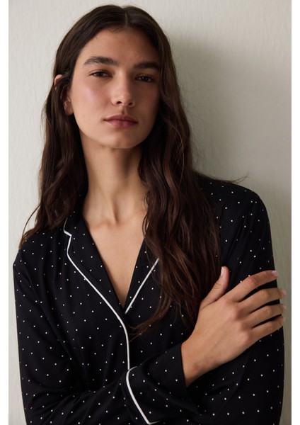 Siyah Puantiye Desenli Uzun Kollu Gömlek Pijama Takımı