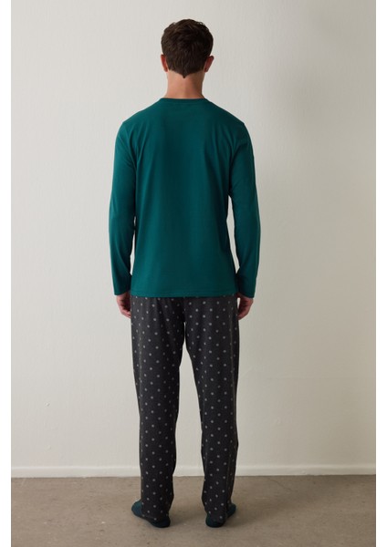 Yeşil Erkek Bisiklet Yaka Ekoseli Pamuklu Pijama Takımı